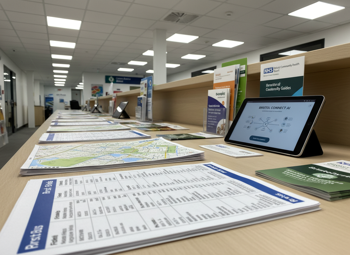 Inside a modern municipal office in Bristol, a long, light-wood counter is covered with carefully arranged objects symbolizing local knowledge feeding an AI assistant: printed bus timetables, zoning maps, recycling guides, health clinic brochures, and a tablet displaying a clean AI dashboard. The materials are well-worn but neatly stacked, edges slightly curled, adding tactile authenticity. Overhead LED panels cast bright, even lighting, producing crisp highlights on laminated pages and the tablet’s glass. Shot from a slightly elevated, diagonal angle with moderate depth of field, the nearest documents appear razor-sharp while the far end of the counter gently blurs. The mood is organized, bold, and purposeful, conveying the transformation of analog community information into intelligent, digital support.