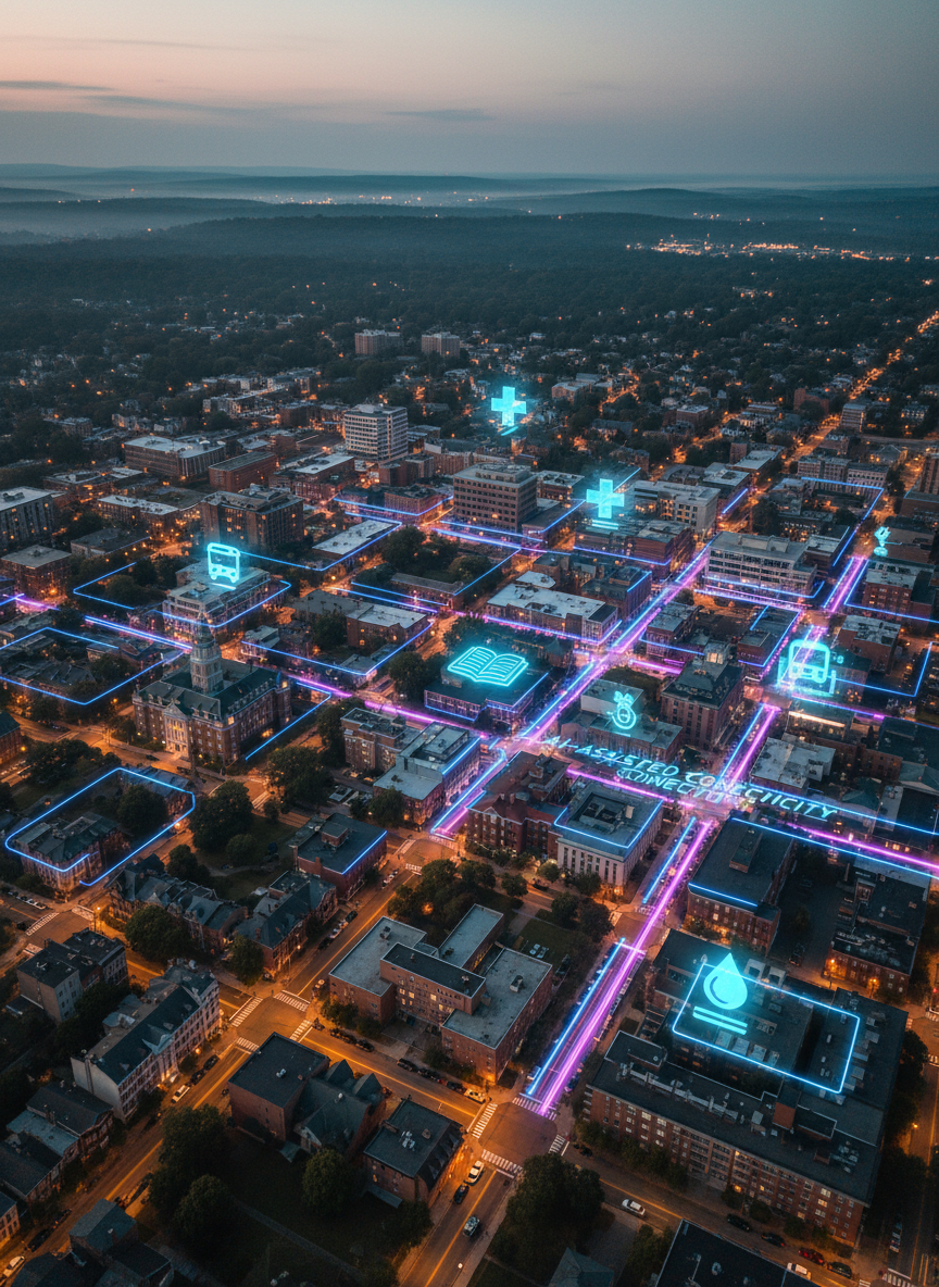 A detailed aerial view of downtown Bristol, Connecticut, rendered in photographic realism, with recognizable brick municipal buildings and tree-lined streets transformed into a subtle circuit-board pattern. Neon-blue and electric-magenta lines glow along the roads like data pathways, connecting key local landmarks and service icons floating above roofs: a stylized hospital cross, a library book, a bus, a water droplet. Shot at twilight from a high, wide angle, the warm streetlights contrast with the cool digital glow. A light mist softens the distant hills, while crisp foreground details keep the scene bold and dynamic. The composition follows the rule of thirds, emphasizing the city center as a bright hub of AI-assisted connectivity.