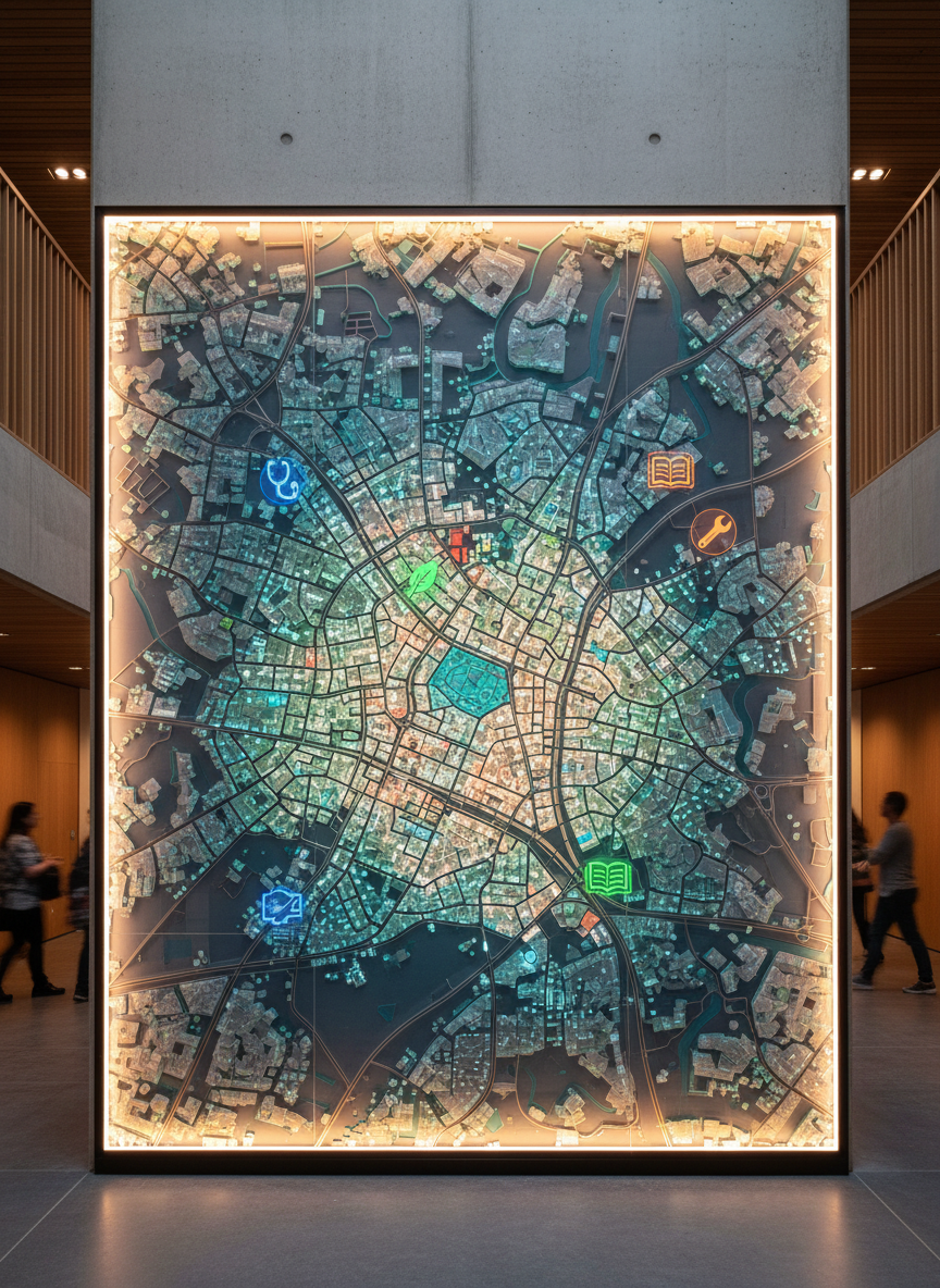 A large, frameless, wall-mounted display in a contemporary Bristol community center shows a colorful, high-resolution map of Bristol neighborhoods, each block rendered as raised, 3D glass tiles. Tiny, illuminated icons float above different areas: a stethoscope for health services, a book for libraries, a leaf for parks, a wrench for public works. The tiles have subtle textures—frosted glass for residential zones, polished for civic areas—catching the ambient ceiling light. Warm, indirect LED wall-wash lighting creates gentle gradients across the surface, highlighting the contours. Shot straight-on with sharp focus across the entire frame, the composition is symmetrical and commanding, evoking a bold control panel for an AI assistant coordinating local services across the city.