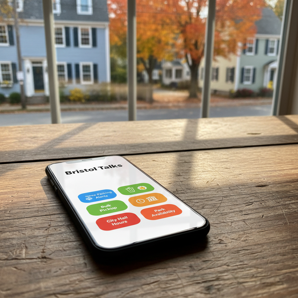 A close-up, photographic shot of a matte-black smartphone resting on a weathered wooden table beside a window that looks out onto a tree-lined Bristol side street with characteristic New England houses. The phone screen displays an AI assistant interface labeled “Bristol Talks,” with brightly colored tiles for services like snow parking alerts, bulk pickup, city hall hours, and park availability. Late-afternoon sunlight streams in at an angle, creating sharp, diagonal shadows from the window frame and a warm reflection across the screen’s edge. The background street scene is softly blurred, with autumn foliage adding vibrant oranges and reds. The mood is bold yet approachable, blending everyday life with powerful, locally focused digital assistance.