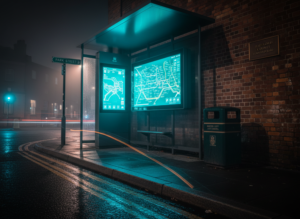 A nighttime scene at a Bristol bus stop shelter, photographed in cinematic realism, shows a large, backlit digital route map glowing in vibrant cyan and green against a matte-charcoal frame. Around it, physical elements of the city are carefully placed: a road sign labeled with a Bristol street name, a municipal trash bin, and a weathered brick wall with a small plaque referencing Hartford County. The digital display highlights real-time bus arrivals and accessibility icons, with small pulses of light tracing the routes. Moody, focused lighting from the display casts sharp shadows on wet pavement, reflecting streaks of color. Shot from a low-angle, three-quarter view, the composition feels bold, urban, and futuristic yet grounded in a recognizable New England streetscape.