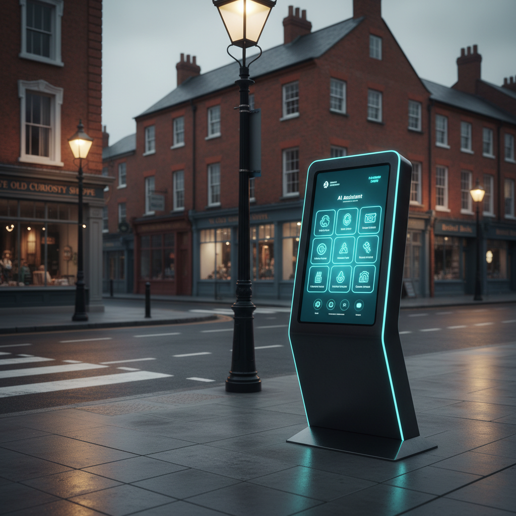 A sleek, dark-metal kiosk styled as an AI assistant terminal stands on a clean sidewalk in Bristol’s historic Main Street, its large vertical screen displaying vivid, icon-based shortcuts to local services like recycling pickup, park hours, public transit, and community events. The kiosk’s edges emit a subtle cyan glow that reflects off nearby brick facades and a freshly painted crosswalk. Early evening streetlights provide warm illumination, while overhead, a slightly overcast sky adds even, diffused lighting. Shot at eye level with a shallow depth of field, the kiosk is in sharp focus while recognizable but softly blurred Bristol storefronts recede into the background, creating a bold yet realistic, future-ready atmosphere.