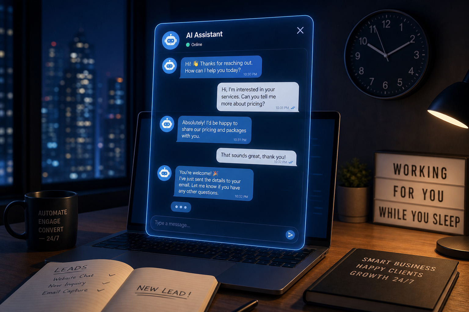 AI chatbot interface on a laptop at night, showing a customer conversation about pricing, with desk items reading "Automate Engage Convert 24/7" and "Working For You While You Sleep